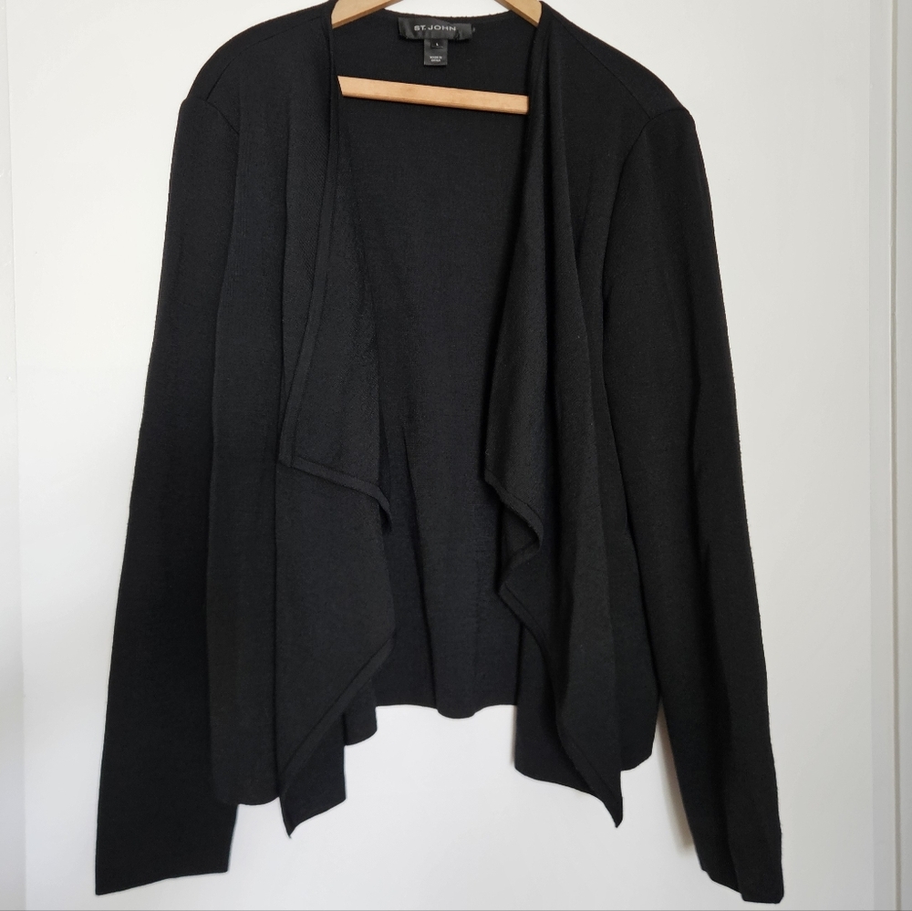 St John Womens Cardigan Sweater L Knit Black Waterfall Wool Blend Open Elegant